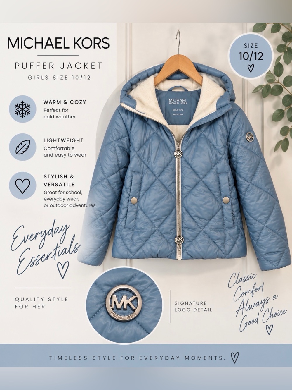 Girls Michael Kors Light Blue Hooded Quilted Puffer Jacket NWOT
